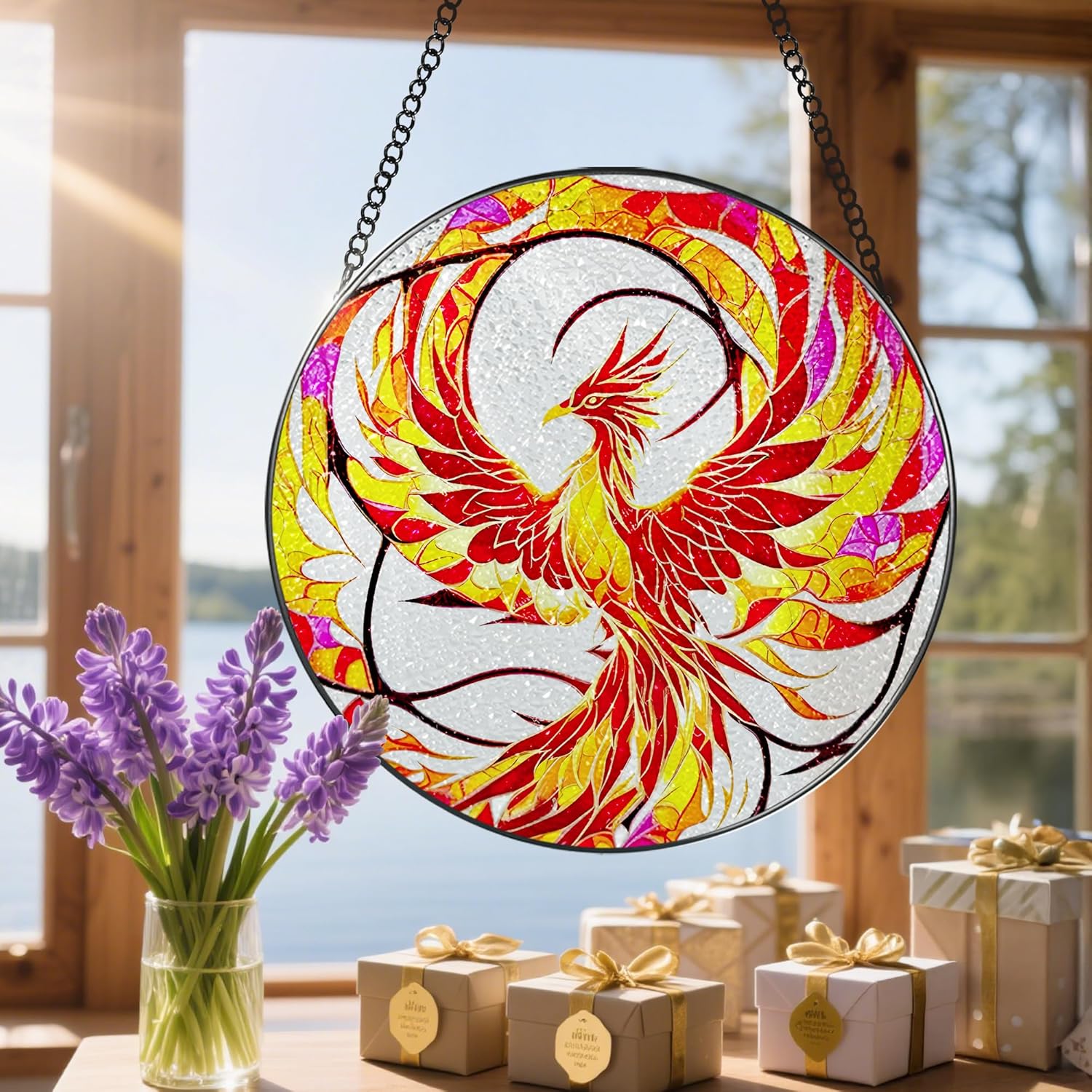 Stained Glass Window Hanging, Stained Glass Suncatcher, Phoenix Sun Catcher, Window Decor, Phoenix Gift, Gifts for Mothers Day, Christmas or Birthday Gift, Gifts for Her Mom Grandmother Daughter-VerdiqueGarden