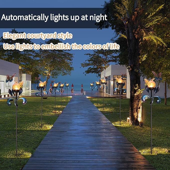 VCUTEKA Solar Lights Outdoor Metal Garden Stake Waterproof Crackle Glass Globe Garden Decor Butterfly for Pathway, Lawn, Patio, Yard-VerdiqueGarden