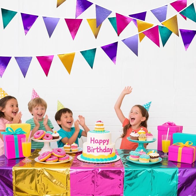 Colorful Party Decorations Hot Pink Teal Purple Metallic Fabric Triangle Pennant Banner Flag Bunting for Fiesta Carnival Rainbow Multi-color Birthday Wedding Baby Shower Holiday Outdoor Party Supplies-VerdiqueGarden