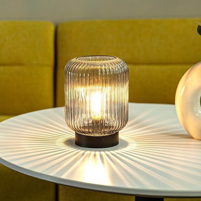 Battery Operated Lamp, Cordless Table Lamps Battery Powered Bedside Small Lamp with LED Bulb, Decorative Glass Lamp for Bedroom Living Room Home Decor-Light Grey-VerdiqueGarden
