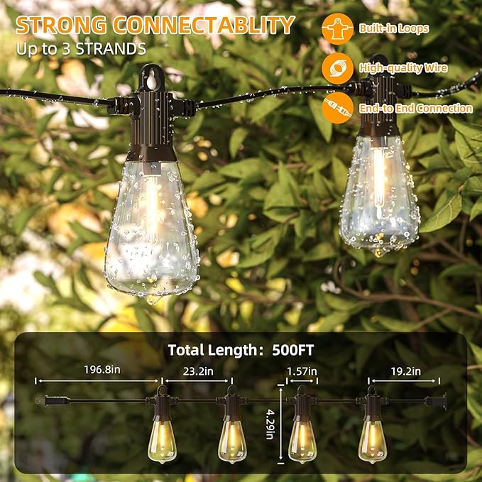 FOOMAN LED Outdoor String Lights, 500FT Outside Waterproof Hanging Patio Lights with 250+10 Shatterproof ST38 Edison Bulbs, 2700K Warm White, Dimmable Light for Back Yard Porch Party Gazebo Bistro-VerdiqueGarden