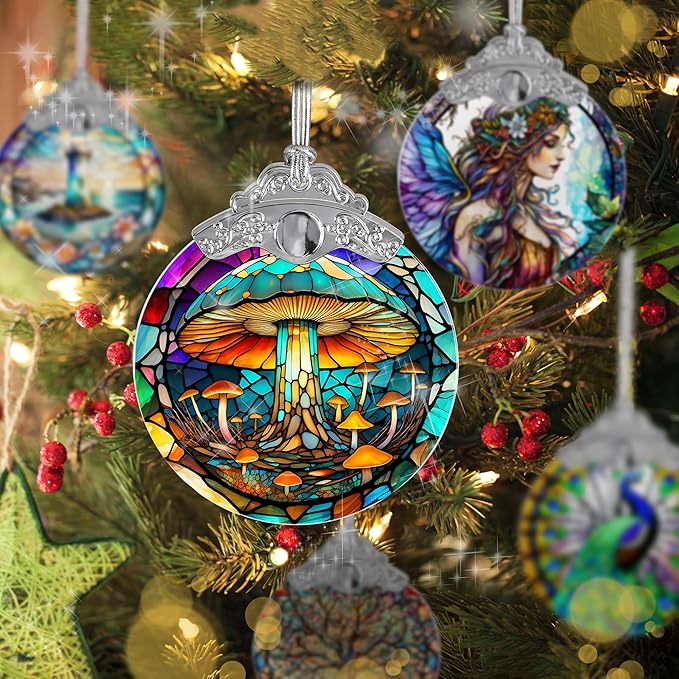 Stained Glass Suncatcher, Jocidea Mushroom Ornament, Christmas Ornaments, Holidays Ornaments, Christmas Tree Decor, Mushroom Decor for Home, Mushroom Gifts-VerdiqueGarden