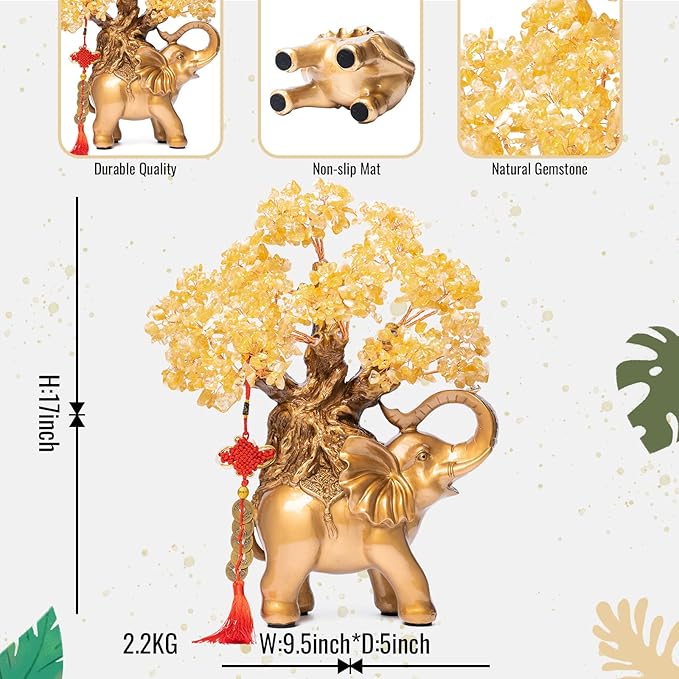 Citrine Crystal Money Tree on Gold Elephant Statue, 17”Large Gemstone Bonsai Tree of Life Home Décor Gifts for Wealth Positive Energy, Feng Shui Décor-VerdiqueGarden