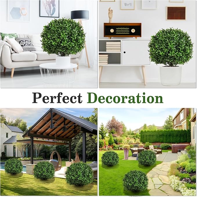 Artificial Olive Leaf Boxwood Topiary Ball Trees, Set of 2 UV Resistant 16in Outdoor Plants – Artificial Bonsai, Miniature Trees, Garden, Curb Appeal-VerdiqueGarden