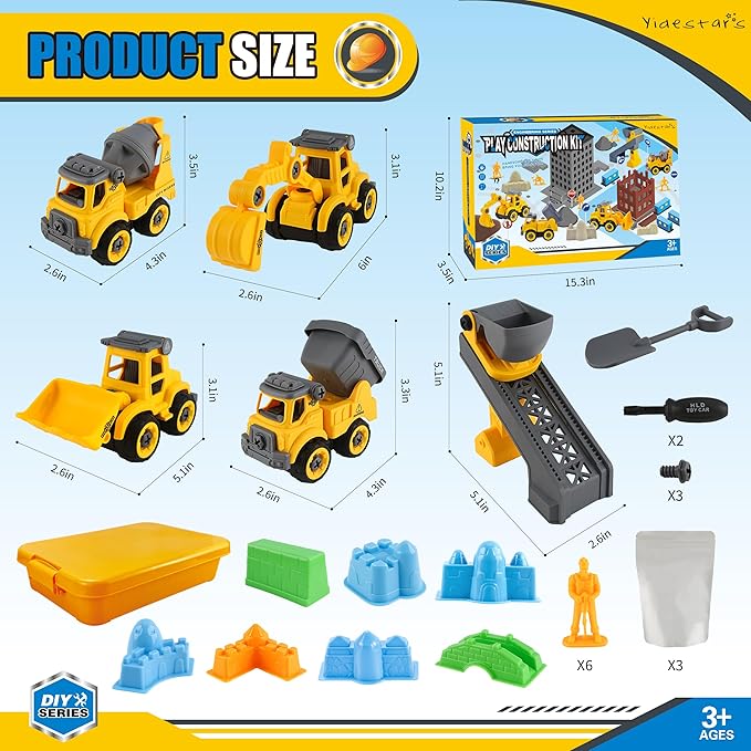 Construction Sandbox with Lid - 4 Vehicles with 1 Conveyor, 8 Castle Molds, 6 Figures & 3lbs Moldable Sand - Preschool Sensory Bin for Fine Motor Skills, Ages 3-6-VerdiqueGarden