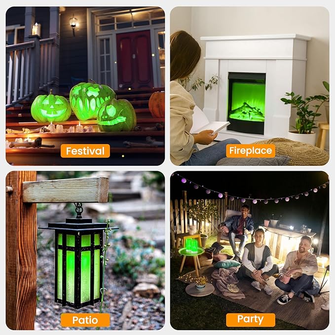 【Upgraded】 LED Flame Lights with Remote & Timer, 4-Mode Rechargeable Battery Operated Flameless Candles, Waterproof Pillar Flickering Lanterns for Room Patio Wedding Halloween Home Decor, Green-VerdiqueGarden