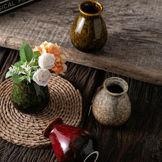 JOJUNO Glazed Rustic Bud Vase Set of 4 - Small Ceramic Mini Pottery Vases in White, Yellow, Green, Red - Ideal for Fresh & Dried Flowers - Modern Farmhouse Décor for Living Room, Shelves, Dining Table-VerdiqueGarden