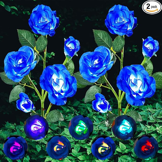 ANGMLN 2 Pack Solar Garden Lights, Solar Flower Lights Outdoor Waterproof with 10 Head Blue Rose 7-Color Changing Landscape Light for Garden Yard Pathway Patio Grave Cemetery Decoration-VerdiqueGarden