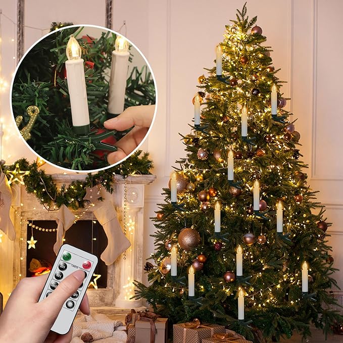 DRomance Christmas Tree Flameless Taper Candle Lights Battery Operated with 10-Key Remote and Timer, 30 Pack Plastic 3D Wick Flickering LED Taper Candles Multi-Using Home Garden Holiday Decor 3.4"-VerdiqueGarden