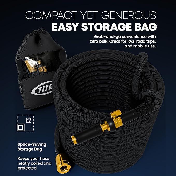 TITAN Flexible Garden Hose 15FT – Ultra Lightweight, Heavy Duty Water Hose with Brass Fittings & Jet Nozzle – Kink-Free, Non-Expanding, Durable Fabric Hose for Yard, Lawn, Car Wash, Outdoor Use-VerdiqueGarden