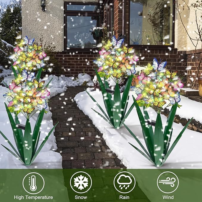 Homight Solar Metal Agave Butterfly Flower Stick Garden Sculpture - Outdoor Christmas Lights With Swaying Butterfly Sunflower - Solar Outdoor Gift (3 PCS Green)-VerdiqueGarden