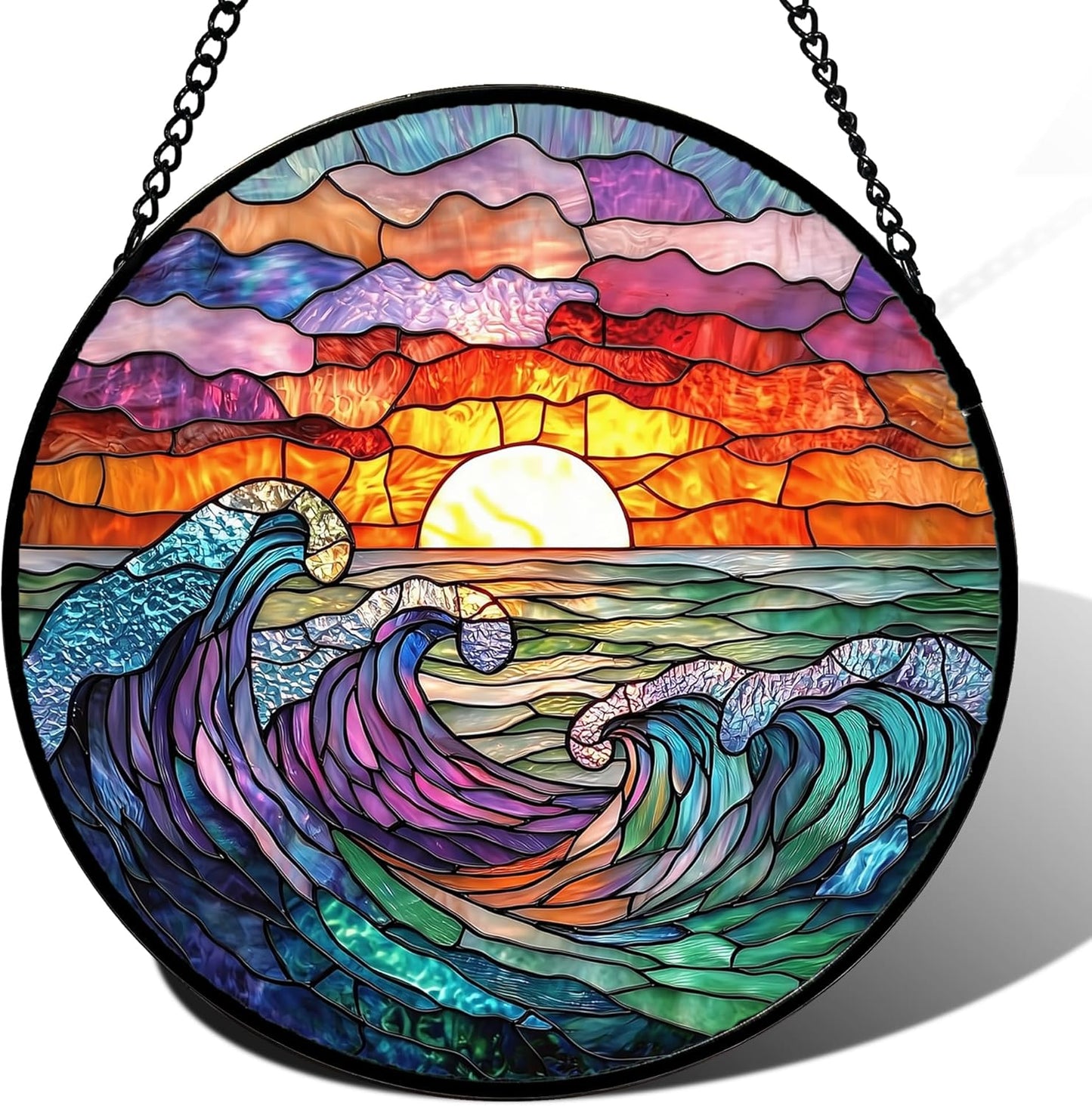 Stained Glass Window Hanging, Clouds and Sea Waves Suncatcher Diamond Glass Panel Hangings Scenery Sun Catchers Decor for Birthday for Women, Men, Wife, Aunt, and Mom 14.9 in-VerdiqueGarden