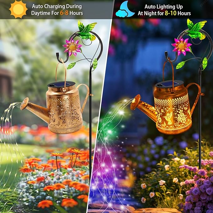2 Pack Solar Lanterns Outdoor Waterproof,Hummingbird Watering Can Garden Decor,Hanging Solar Path Lights Yard Art,Outside Patio Decorations Gardening Birthday Gifts for Mom Grandma Women (with Hook)-VerdiqueGarden
