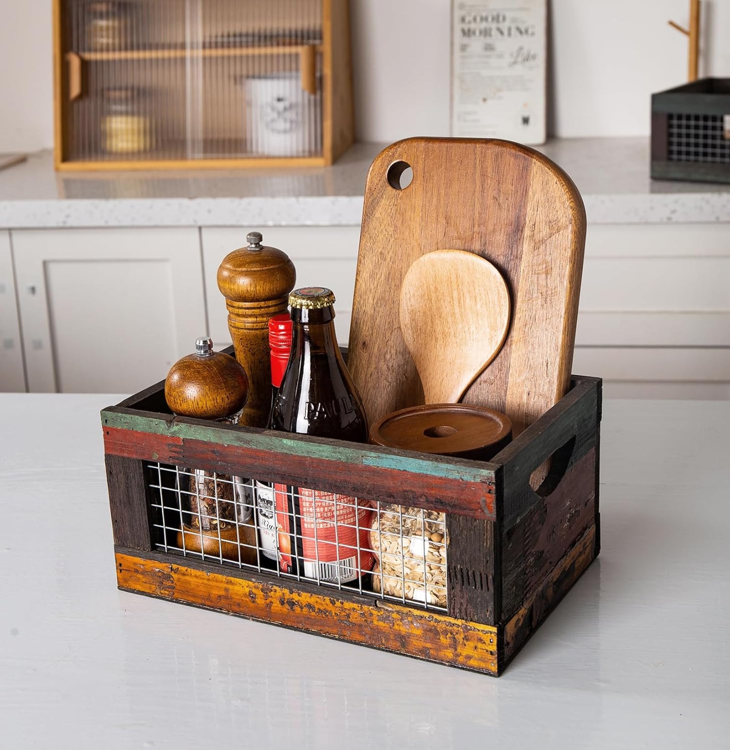 TIMRIS Set of 3 Rustic Wood Nesting Crates, Farmhouse Distressed Wooden Storage Boxes, Decorative Reclaimed Wood Organizer Baskets with Wire Mesh (Random)-VerdiqueGarden