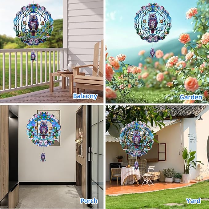 Wind Spinners Outdoor, FACIACC Owl Metal 3D Hanging Garden Decor, 12-inch Stainless Steel Wind Spinner with Tail Spinner, Wind Sculptures for Indoor Patio Lawn Yard, Ornament Gift for Women/Men-VerdiqueGarden