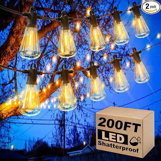 Outdoor String Lights, 200FT Patio Lights with 100 Shatterproof ST38 Globe Bulbs(4 Spare), Waterproof Connectable Dimmable LED Hanging String Lights for Outside Backyard Porch Balcony(100FT x 2)-VerdiqueGarden