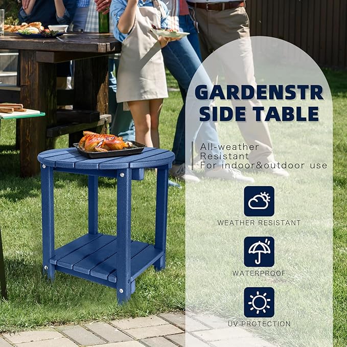 Adirondack Round Outdoor Side Table 2-Tier Storage Patio Side Table, HDPE End Tables for Backyard Pool Porch Garden Lawn (Blue)-VerdiqueGarden