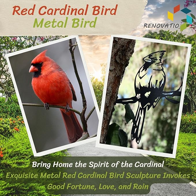 Renovatio Metal Bird Decor – Stylish Decoration for Yard & Garden – Perfect Outdoor Yard Art – 12 Gauge Thick Steel – Ideal Backyard Decor & Bird Ornaments – Cardinal Bird (Black)-VerdiqueGarden