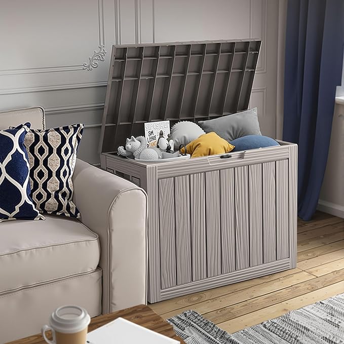 45 Outdoor Storage Box, Waterproof Resin Deck Box with Side Handles, Lockable Outdoor Bench for Indoor & Outdoor Use, Storage Bin for Patio Cushions, Garden Tools, Package Delivery, Grey-VerdiqueGarden