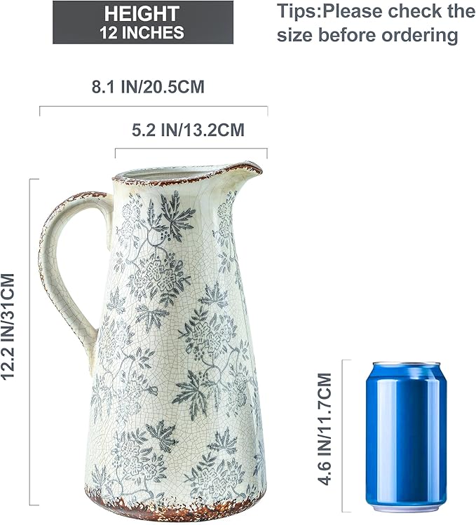 Enra Blue and White vase with Handle,12.2 inch Ceramic Vintage Decorative Flower Pitcher vase, Chinoiserie Floral Vase,Large Rustic Vases for Home Decors, Living Room, Bookshelf, Office-VerdiqueGarden