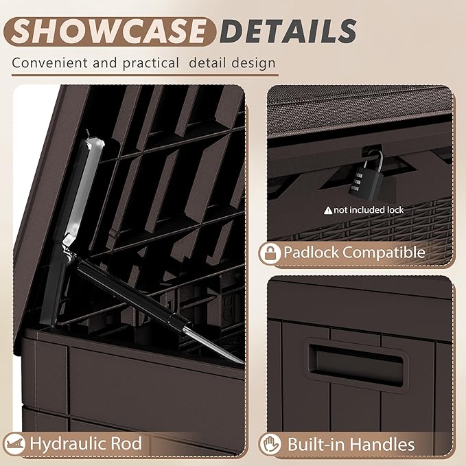 Devoko 100 Gallon Deck Box, Waterproof Resin Outdoor Storage Box with Cushion for Outside and Patio, Large Outdoor Storage Bench Cabinet Lockable for Patio Furniture and Garden Tools (Deep Brown)-VerdiqueGarden