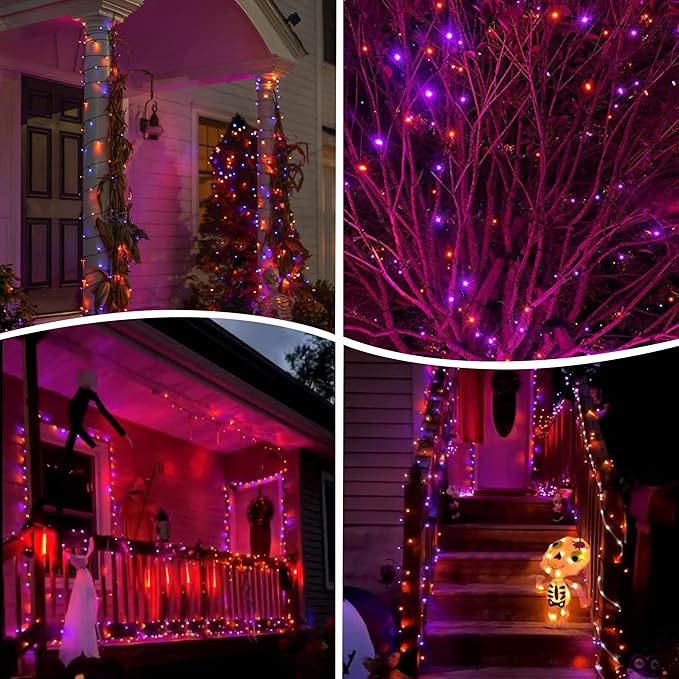 weillsnow Purple&Orange Halloween Lights, 200 LED 66Ft Plug in Waterproof Halloween String Lights, 8 Modes with Memory for Outdoor Indoor Garden Halloween Christmas Decorations (Orange&Purple, 66FT)-VerdiqueGarden