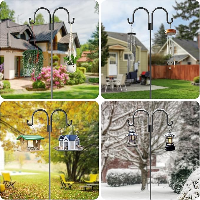 Highpro Double Shepherds Hooks for Outdoor, 2 Pack 79 Inch Heavy Duty Garden Pole for Hanging Bird Feeder, Bird Feeder Hook Plant Baskets,Garden Plant Hanger Stands with 5 Base Prongs-VerdiqueGarden