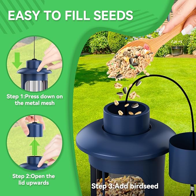 Squirrel Proof Bird Feeders for Outdoors Hanging, Metal Squirrel Proof Bird Feeder with Gravity Protection, 3LB Large Capacity Wild Bird Feeders for Outside Finch, Cardinal, Blue Jay (Blue)-VerdiqueGarden