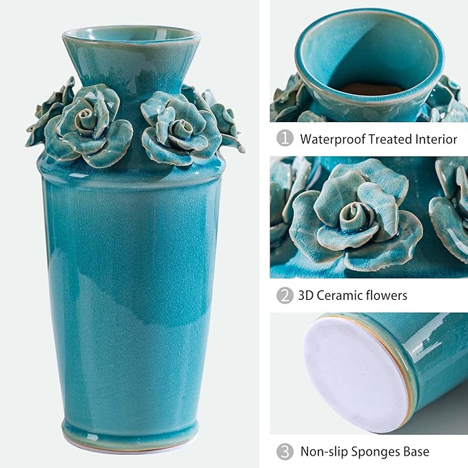 Handmade 3D Ceramic Flower Blue Bud Vase for Centerpieces, Decorative Blue Flower Vases for Wedding Reception, Home Decor, Living Room, Cottage Core Decor, Jarrones Decorativos para Sala 8.7 Inch-VerdiqueGarden