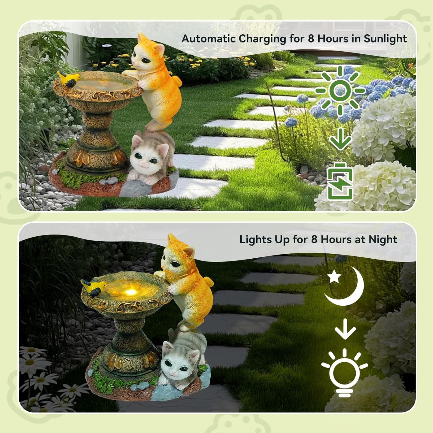 Solar Two Kittens Garden Statues with LED Lights, Outdoor Decor for Patio Yard Balcony - Unique Housewarming Birthday Gifts for Women Mom Grandma-VerdiqueGarden