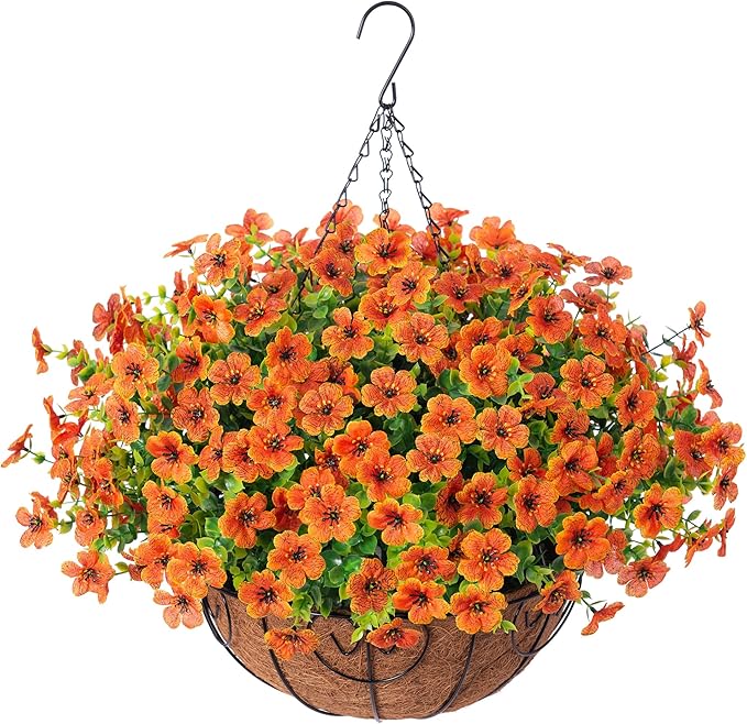 Artificial Fake Fall Hanging Plants Flowers Basket for Outdoor Decor, Faux Silk Orange Mums Daisy in Planter Look Real UV Resistant for Autumn Porch Home Patio Garden Yard Decoration-VerdiqueGarden