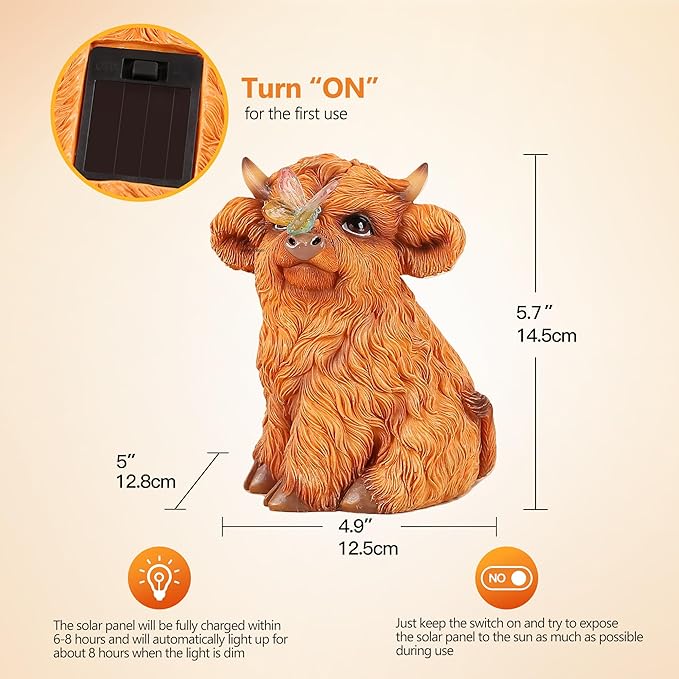 Highland Cow Solar Powered Outdoor Garden Statue, Resin Highland Cow Statue with Solar Light Lantern, Decorative Lawn, Yard Outdoor Highland Cow Decor. Unique home decorations, gifts for women-VerdiqueGarden