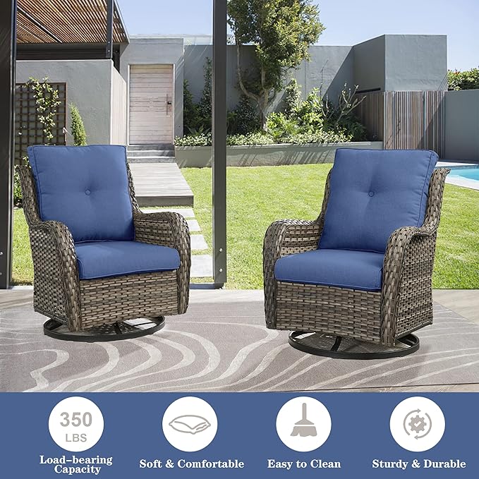 Outdoor Furniture Sectional Sofa L Shaped Couch - Patio Wicker Set with 2 Swivel Glider Chairs, 5 Piece Rattan Patio Conversation Sets with Blue Cushion for Deck Backyard Sunroom-VerdiqueGarden