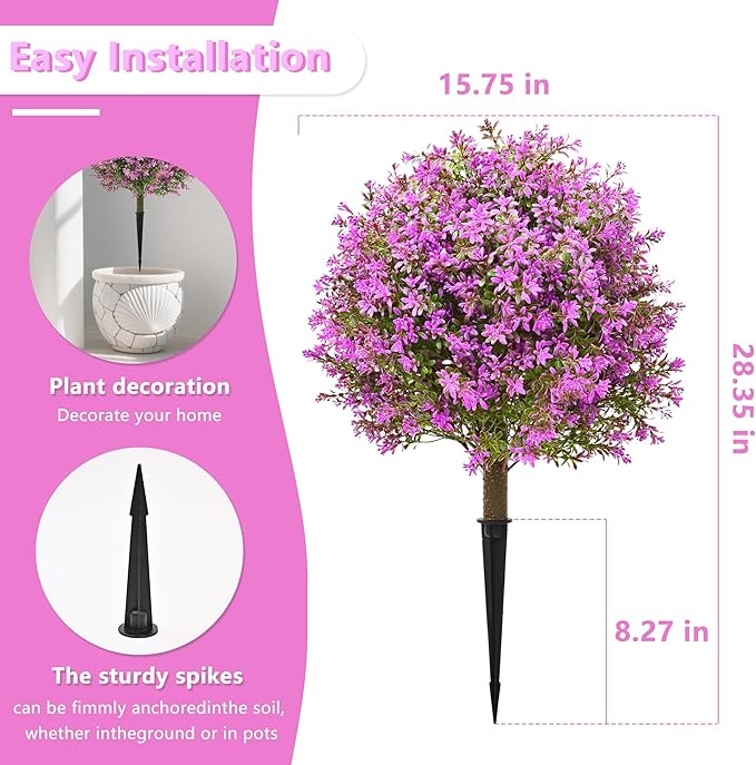 28" Artificial Boxwood Topiary Tree Purple, Set of 2 UV Resistant Fake Evergreen Shrubs Bushes with Ground Spike, Realistic Plants for Outdoor Indoor Front Porch Garden Home Decor-VerdiqueGarden