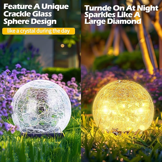 Garden Solar Ball Lights Outdoor Waterproof, 30 LED Cracked Glass Globe Solar Power Ground Lights for Path Yard Patio Lawn, Christmas Decoration Landscape Warm White(2 Pack 3.9'')-VerdiqueGarden