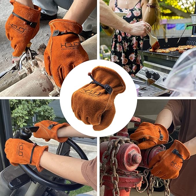 HLDD HANDLANDY Leather Work Gloves for Men & Women, Adjustable Wrist Cowhide Gardening Glove with Reinforced Palm for Driver-VerdiqueGarden