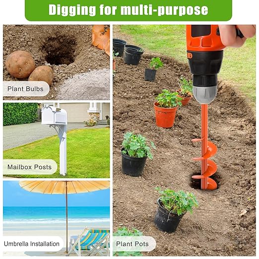 Auger Drill Bit for Planting 3 x 24'', Threaded Garden Auger Post Hole Digger, Spiral Drill Earth Dirt Augers for Bulb, Vegetables, Fence Posts and Umbrella Holes, Fits in 3/8” Drill Chuck-VerdiqueGarden