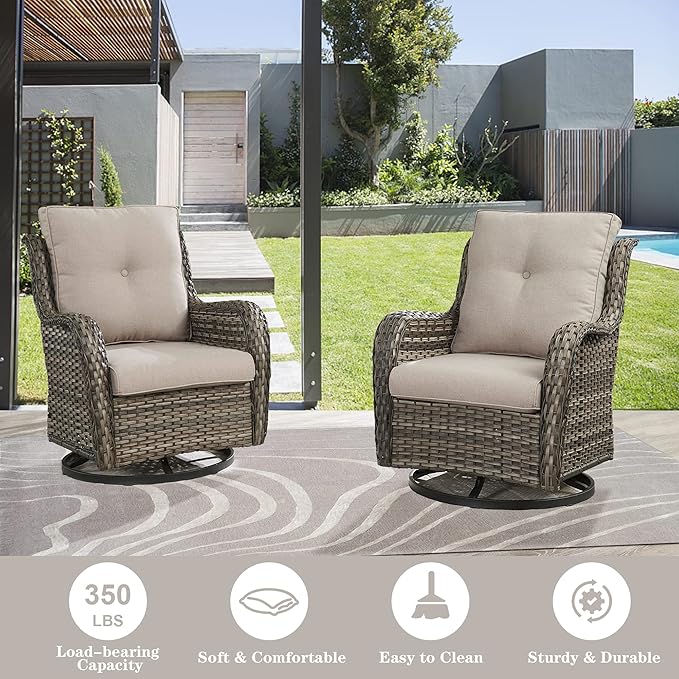 Outdoor Swivel Rcoker Patio Chairs - Outdoor Swivel Patio Chairs Set of 2 Wicker Chair Patio Furniture Sets with Covered Cushion for Porch Deck Balcony Garden, Beige-VerdiqueGarden