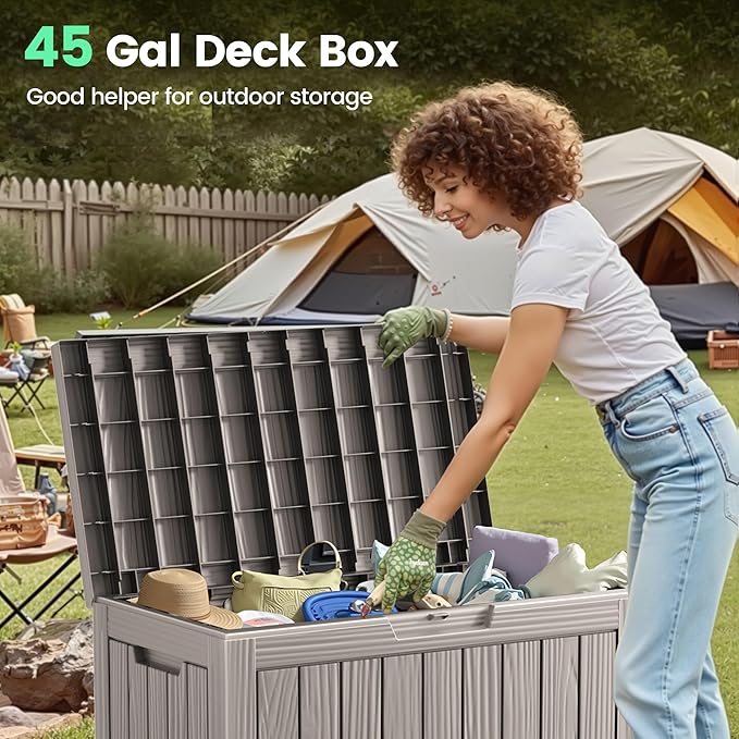 45 Outdoor Storage Box, Waterproof Resin Deck Box with Side Handles, Lockable Outdoor Bench for Indoor & Outdoor Use, Storage Bin for Patio Cushions, Garden Tools, Package Delivery, Grey-VerdiqueGarden