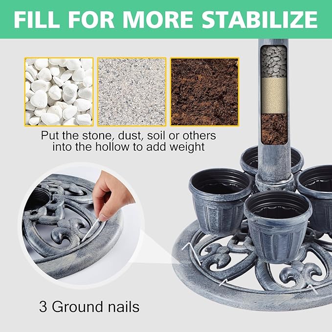 Bird Bath for Outside with 4 Removable Flower Planters 28in Polyresin Lightweight Vintage Birdbath for Outdoors Stake Standing Bowl and Water Feeder Yard Garden Decor Gray-VerdiqueGarden