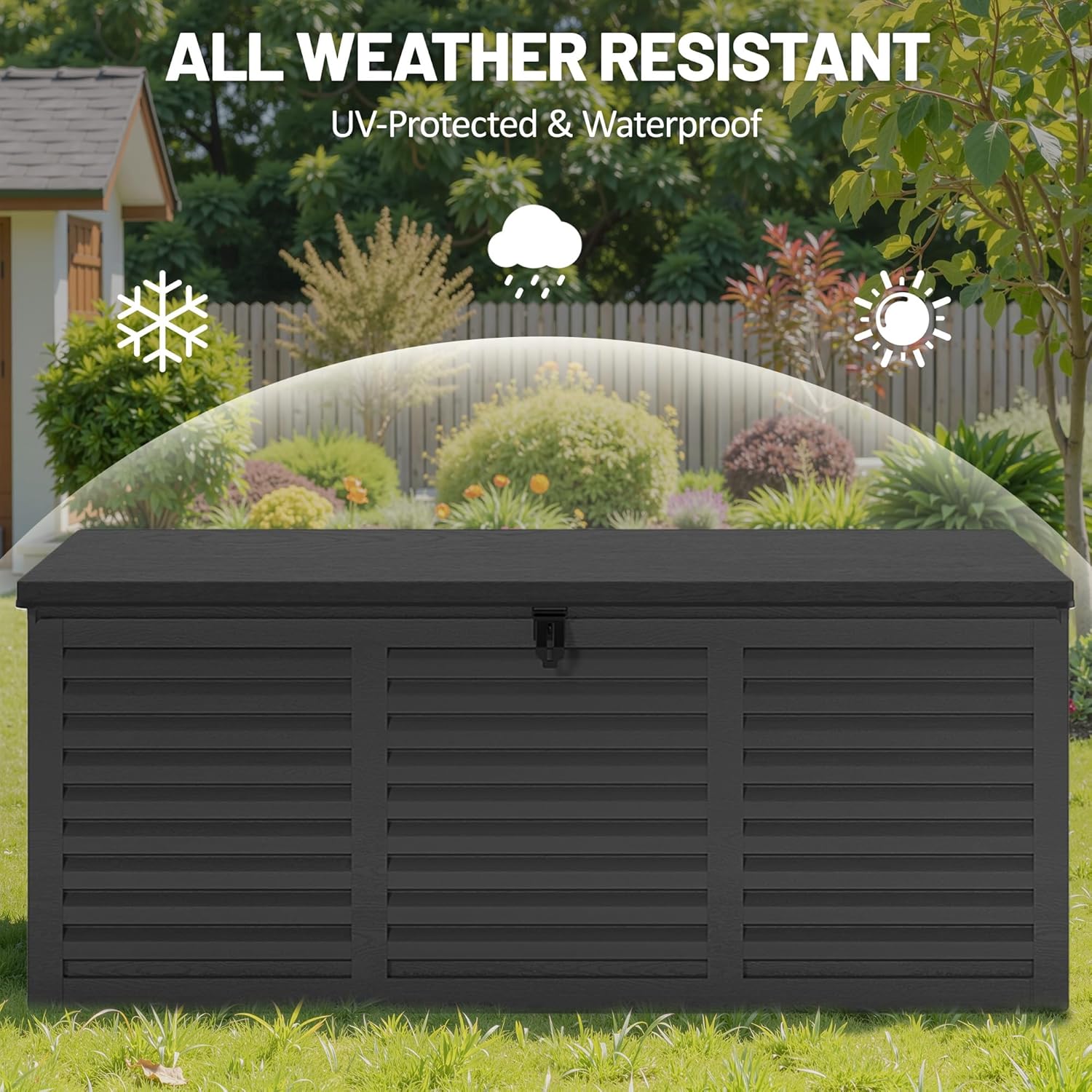 130 Gallon Deck Box Outdoor Waterproof Storage Box Lockable Resin Outdoor Storage Box for Garden Tools Patio Cushions UV-Resistant & Easy Assembled (Black)-VerdiqueGarden