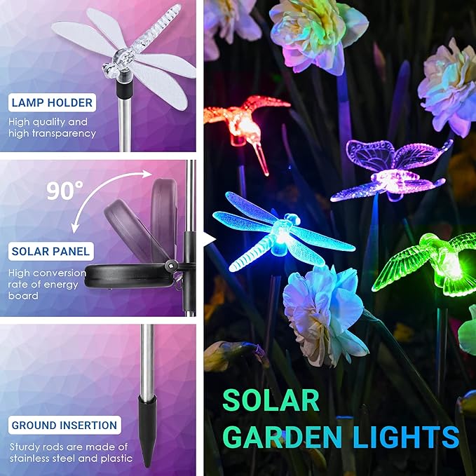 SOLPEX Solar Garden Lights, 6 Pack Solar Butterfly Lights Yard Decorations, Multi-Color Changing LED Solar Light Stakes, Solar Yard Lights for Garden, Patio & Lawn, Solar Bird Lights-VerdiqueGarden
