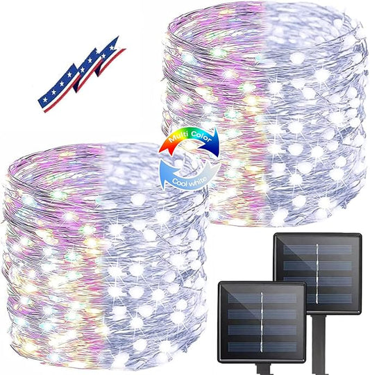 (Cool White ⇋ Multicolor) Solar Christmas String Lights Outdoor, 2-Pack 80FT 200 LED Waterproof Silver Wire, Solar Twinkle Lights with 8 Modes Solar Fairy Light for Tree Garden Wedding Christmas Decor-VerdiqueGarden