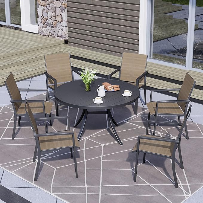 Round Outdoor Dining Table, 48-inch All-Weather Patio Table with Adjustable Umbrella Hole for Deck Lawn Garden Backyard Balcony Deck, Black Metal Frame Slatted Tabletop-VerdiqueGarden