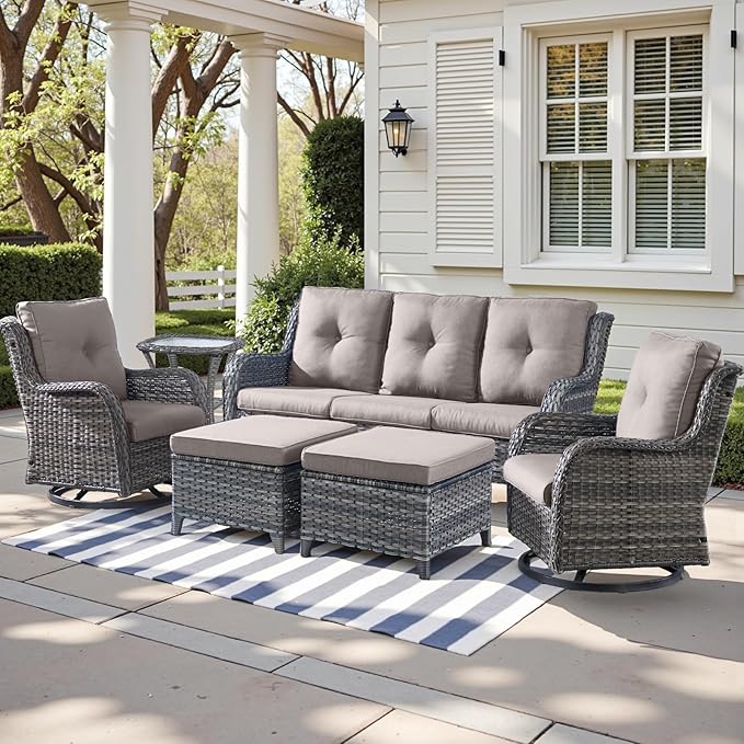 Outdoor Wicker Patio Furniture Set - 6 Piece Rattan Patio Conversation Set with 2 Rocking Swivel Chairs,2 Ottomans,1 Sofa and 1 Side Table for Porch Deck Backyard Garden(Mixed Grey/Grey)-VerdiqueGarden