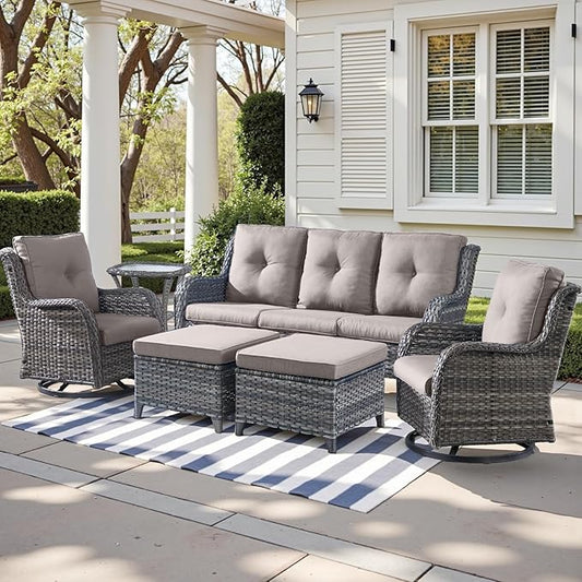 Outdoor Wicker Patio Furniture Set - 6 Piece Rattan Patio Conversation Set with 2 Rocking Swivel Chairs,2 Ottomans,1 Sofa and 1 Side Table for Porch Deck Backyard Garden(Mixed Grey/Grey)-VerdiqueGarden