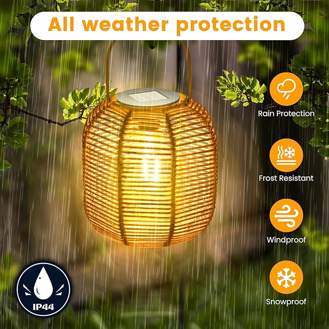 HPC Decor 2 PK Solar Lanterns-Outdoor Solar Lanterns Waterproof, Rattan Solar Lights, Hanging Solar Lanterns Outdoor,Solar Lamp Lights,Decoration Lights for Garden,Patio,Porch,Trees,Pathway,Outside.-VerdiqueGarden