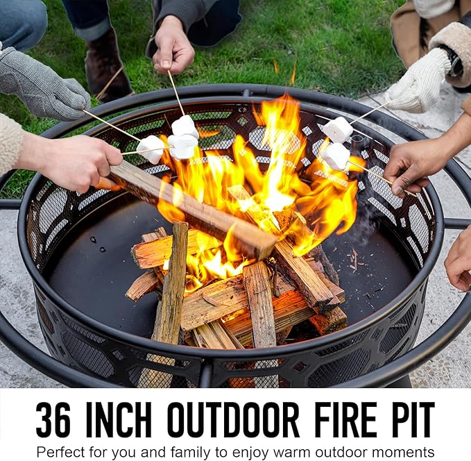 36 Inch Fire Pit, Outdoor Wood Burning Firepit with Removable Grill & Poker, Heavy Duty Metal Round Fireplace,2 in 1 Large Bonfire for Outside,BBQ,Yard,Patio-VerdiqueGarden