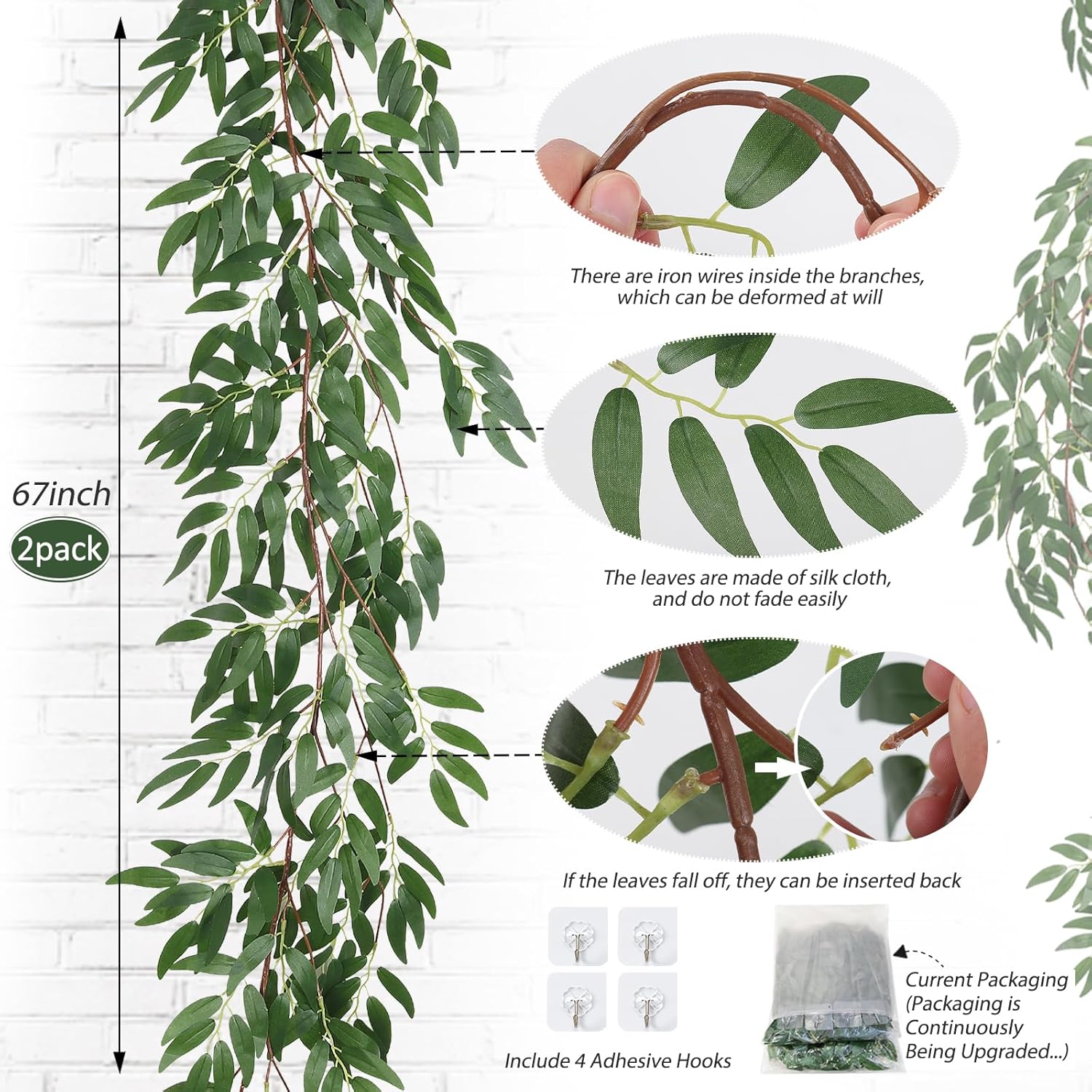 RECUTMS Artificial Willow Leaves Vine Twigs 2Pcs 5.7Ft Fake Hanging Ivy Plants Silk Green Leaf Rattan Garland Greenery Decor for Indoor Outdoor Home Wedding Arch Jungle Beach Birthday Party Garden-VerdiqueGarden