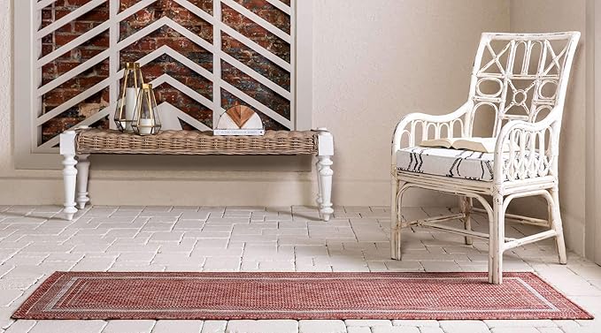 Unique Loom Outdoor Border Collection Area Rug - Soft Border (2' x 6' 1" Runner, Rust Red/ Ivory)-VerdiqueGarden